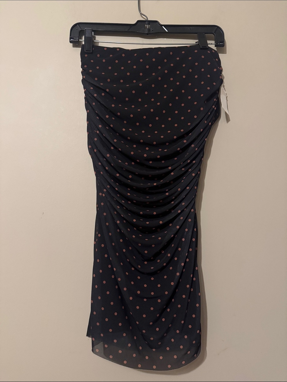 NWOT- AFRM Ruched Polka Dot strapless mini Dress, Black, size Medium